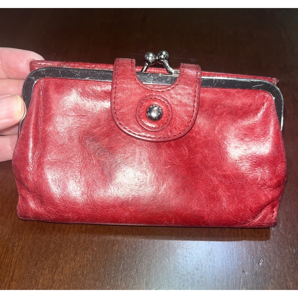 HOBO Original Leather Wallet Kiss Lock Frame Clutch Burgundy Organizer Purse